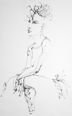 drawing titled Laura in boots and feathered hat